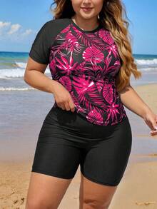 Swim Lushoire Áo tankini cỡ lớn dành cho nữ, in hình rùa và lá, thích hợp cho kỳ nghỉ biển. - Màu Hồng Tươi - Xem 4