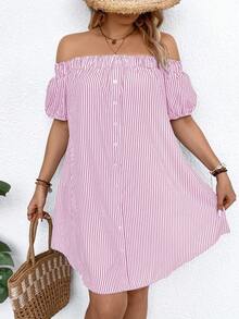 EMERY ROSE Plus Size Off-Shoulder Short Sleeve Striped Casual Loose Dress - Dusty Pink - View 7