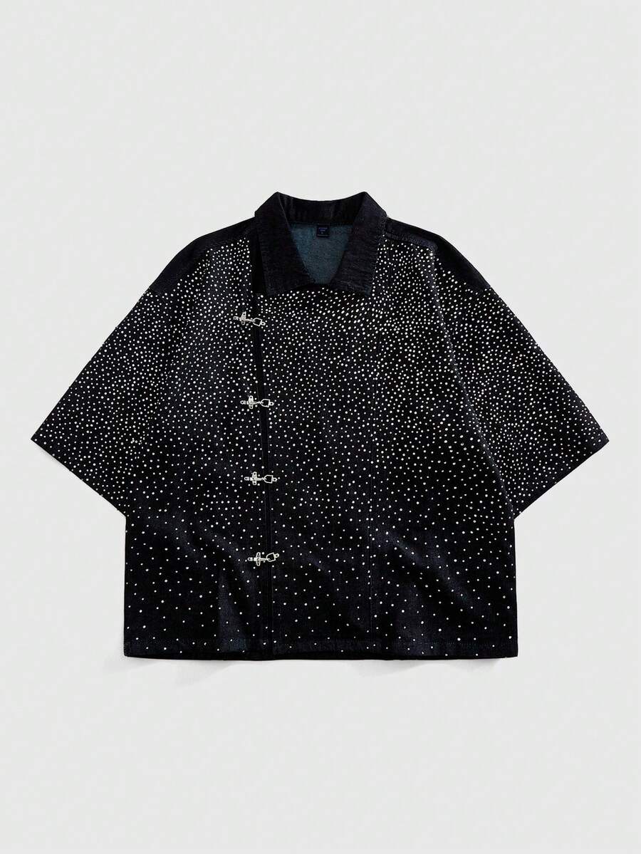 ROMWE MEN Street Life Áo khoác denim nam cài khuy chéo, khóa máy bay - Màu xanh lam - Xem 1