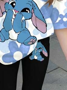 Kawaii Blue Rabbit Lulu & Stitch Pattern,Young Girls Casual Short Sleeve Tee 2-Piece Set,Back-To-School Summer School Outfits,Korean Style Floral Tops - Multicolor - View 6