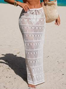 Swim Vcay Eleganter sexy weißer Strick-Cover-Up-Rock mit Bindung für Damen, Sommerstrandurlaub - Weiss - Übersicht 4