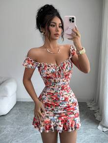 BamGleam Váy ngắn mùa hè kiểu dáng thường ngày in hoa, xếp ly ở gấu váy. - trái cam - Xem 3