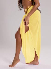 Musera Resort Mesh Sheer Tie Long Sarong Cover Up Swim Vacation Summer Holiday Boho Cute Simple Elegant Travel Blue Spring - Light Yellow - View 4