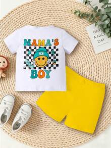 Bộ 2 món đồ chơi bé trai kiểu dáng thường ngày, in hình mặt hoạt hình dễ thương và họa tiết kẻ caro "MAMA'S BOY" gồm áo thun ngắn tay và quần short, thích hợp mặc mùa hè. - Nhiều màu - Xem 2