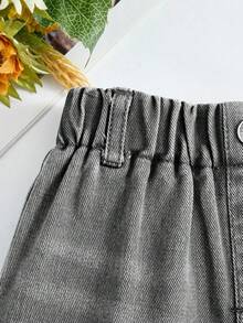 SHEIN Playful Pals 女童牛仔短裤，夏季新品，中度水洗灰，甜美休闲度假时尚街头风，百搭简约，全松紧腰带，卷边宽松牛仔短裤，柔软舒适棉质牛仔面料，无弹力，适合日常外出、聚会、上学通勤，2026春夏新款 - 淺灰色 - 查看 7