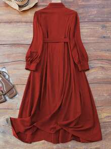 SHEIN LUNE CURVE Đầm dài tay cổ tròn dáng rộng thanh lịch, thoải mái, xếp ly eo, bán chạy nhất dành cho nữ cỡ lớn, thiết kế cài cúc đơn bằng vải lanh, phù hợp cho đi chơi hàng ngày, dự tiệc và mặc ở nhà. - trái cam - Xem 2