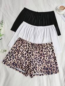 Dream Adore Conjunto de 3 piezas de pantalones cortos de pijama con cintura con cordón de unicolor y estampado de leopardo, adecuado para uso exterior, tallas grandes para mujer - Multicolor - Ver 7