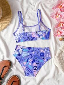 SHEIN 少女印花针织泳衣，适合游泳、海滩度假、沙滩和海水玩耍，优雅精致 - 紫色 - 查看 2