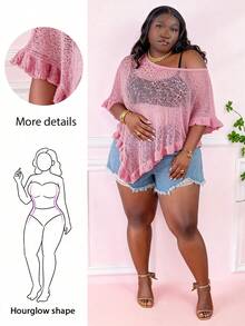 CurvyTilda Poncho décontracté en crochet semi-transparent à volants pour femmes grandes tailles en vert, convient pour les sorties d'été et les rendez-vous, pour les formes en sablier - Rose pâle - Voir 1