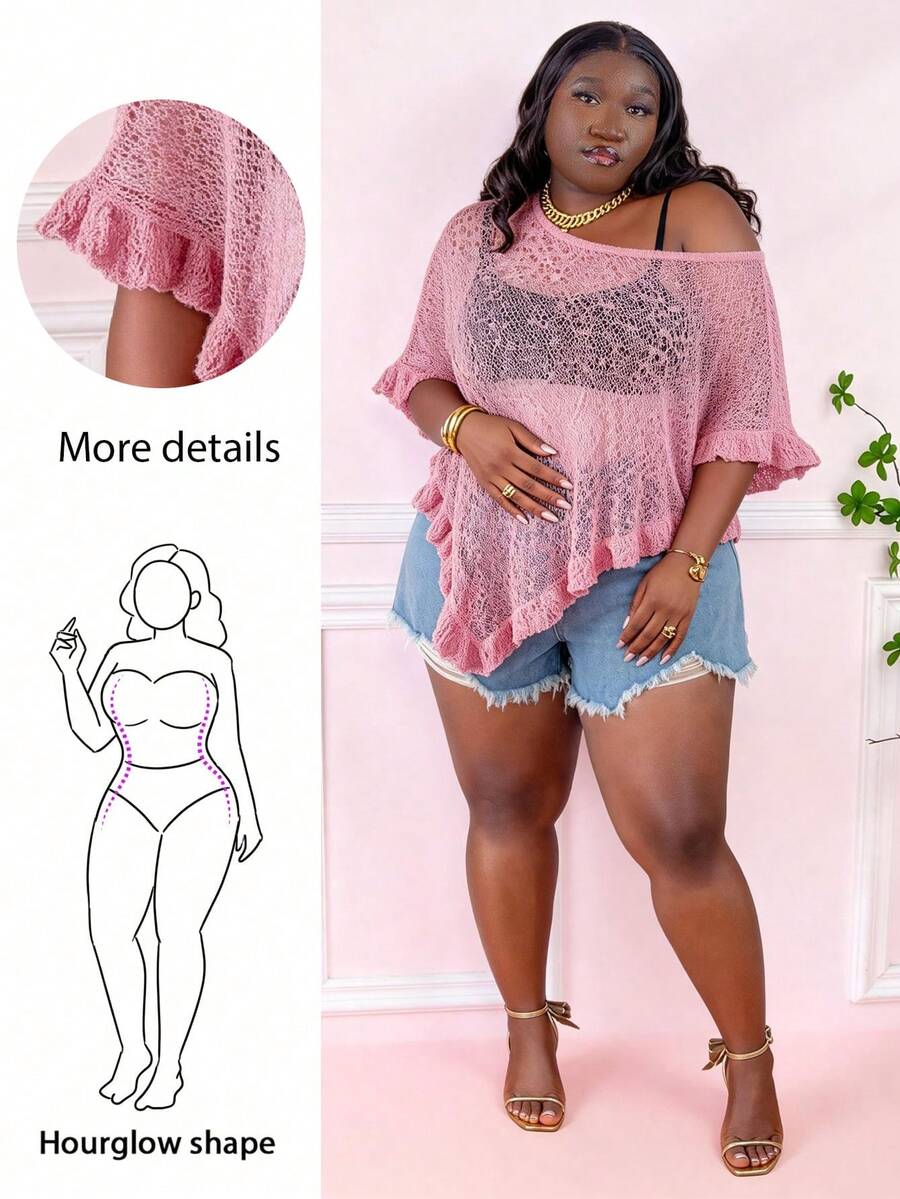CurvyTilda Poncho décontracté en crochet semi-transparent à volants pour femmes grandes tailles en vert, convient pour les sorties d'été et les rendez-vous, pour les formes en sablier - Rose pâle - Voir 1