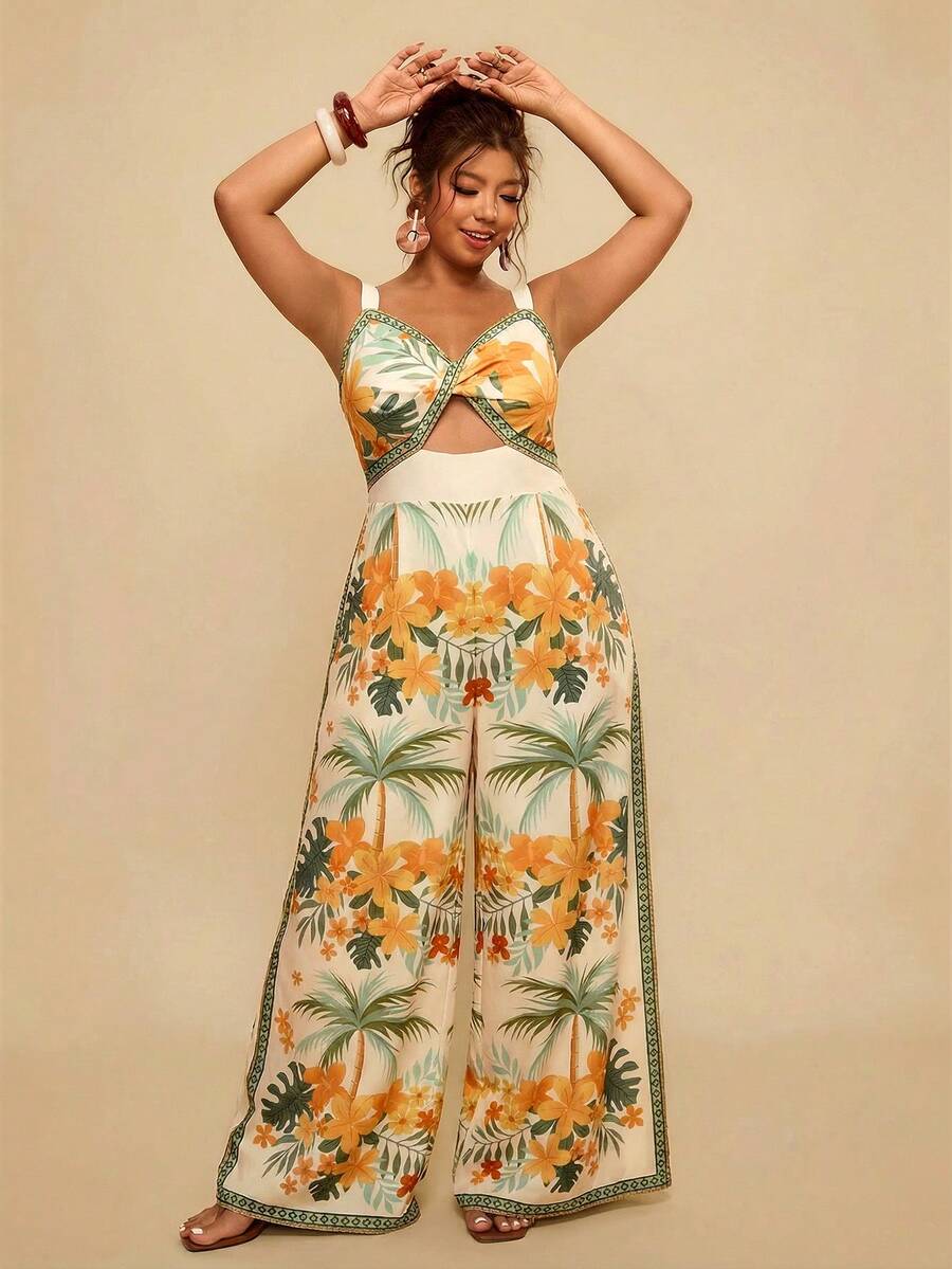 Travachic SHEIN TRVLCHIC Plus Size Vacation Chiffon Leopard Print Cutout Front Loose Jumpsuit, Autumn/Winter Bohemian Jumpsuit - Multicolor - View 1