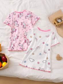 Genkimix Kids 两件套女婴睡衣，圆领短袖睡裙，夏季粉白相间，印有可爱卡通独角兽图案，色彩缤纷，休闲家居服，柔软针织面料，透气舒适，时尚现代，适合婴幼儿儿童日常居家穿着。 - 粉色 - 查看 2