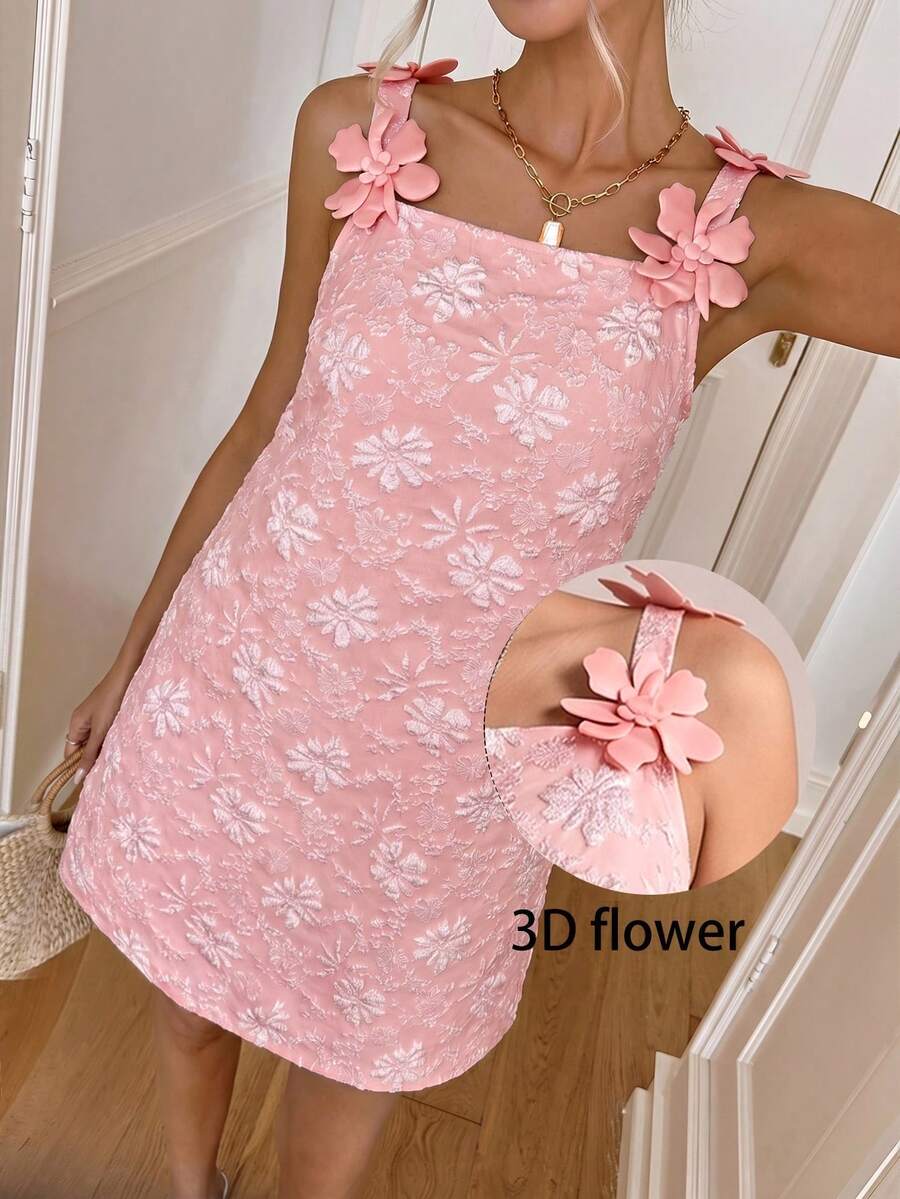 SHEIN LUNE Plus Size Summer Casual Jacquard 3D Floral Decor Dress - Pink - View 1