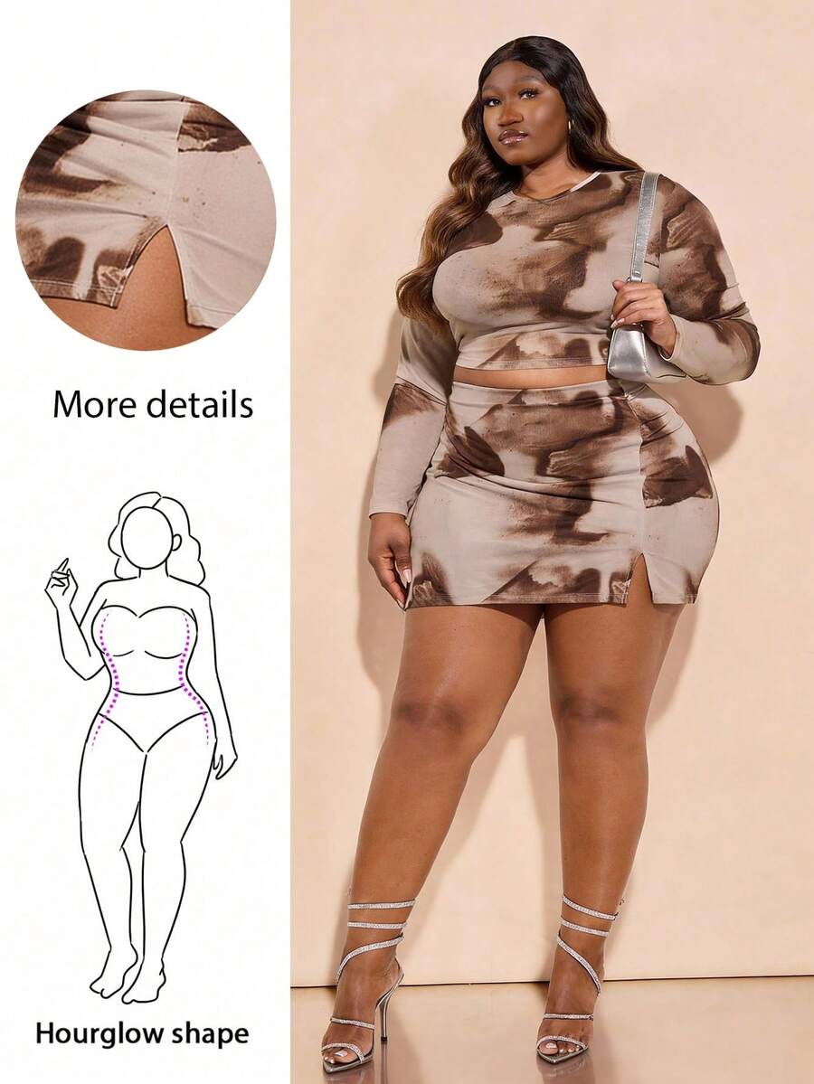 CurvyTilda 扎染网纱露脐上衣和高开衩裙两件套，性感两件套，度假装，节日装，套装上衣，秋季，迷你裙套装，派对，针织套装，感恩节，情人节，圣诞节，长袖，开衩，圆领 - 卡其色 - 查看 1