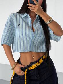 StreetHx Women's Blue Striped Casual Loose Short Shirt, Spring/Summer - Blue - View 1