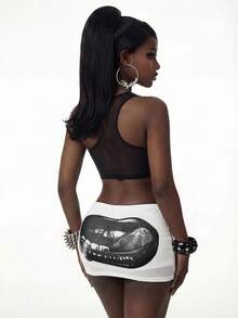 Amplova Women's Lip Print Bodycon Mini Skirt - Black and White - View 1