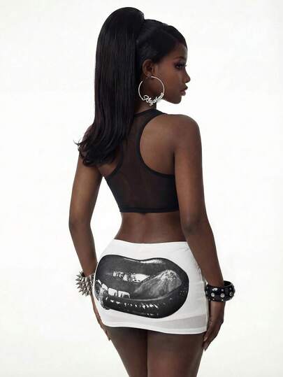 Amplova Women's Lip Print Bodycon Mini Skirt