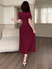 Feyla 女士优雅日常通勤简约纯色立领收腰伞裙连衣裙，夏季 - 酒紅色 - 查看 5