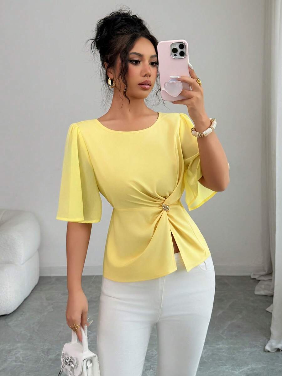 SHEIN Elenzya 女士浅黄色圆领荷叶边袖扭结设计开衩下摆金属纽扣优雅通勤衬衫，百搭 - 黃色 - 查看 1