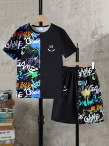 2pcs/Set Teenage Boys' Game Console Splatter Print Patchwork Short Sleeve Round Neck T-Shirt + Pocket Shorts Set - Multicolor - View 3