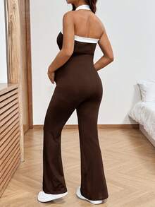 SHEIN 孕妇时尚百搭撞色连体裤，适合日常穿着 - 咖啡棕 - 查看 2