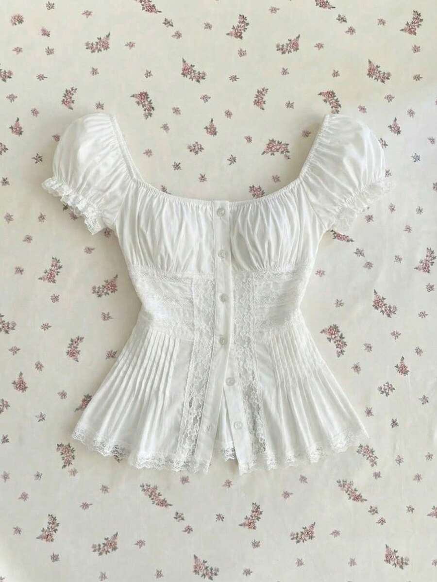 Elamini Sweet Lace Patchwork Pleated Collar Petal Sleeve Fitted Waist Short Sleeve Blouse For Women - White - View 1