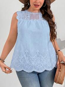 SHEIN Clasi Blusa sin mangas con encaje, parches y bordados, talla grande - Azul - Ver 1