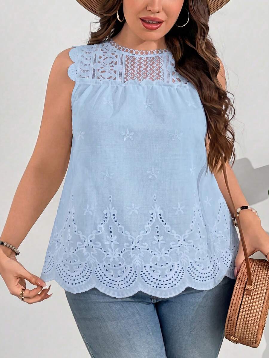 SHEIN Clasi Blusa sin mangas con encaje, parches y bordados, talla grande - Azul - Ver 1