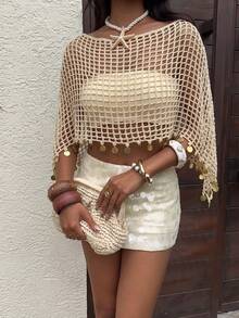 Selianne 波西米亚风短款船领披肩，钩针镂空吊坠亮片装饰，适合海滩、音乐节等场合，女士针织上衣，春夏款 - 卡其色 - 查看 3