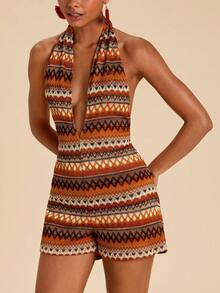 SHEIN TRVLCHIC Trendig bohemisk stickad halterneckjumpsuit för kvinnor - Multifärgad - Visa 6