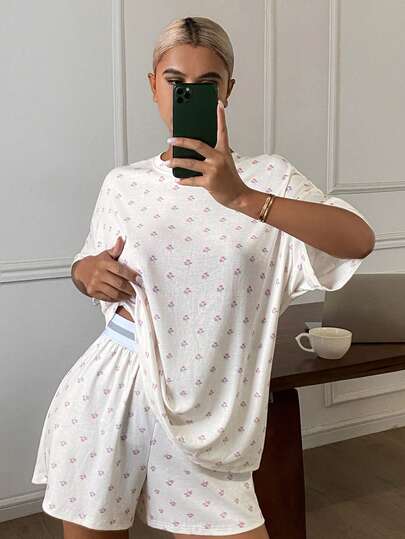 Livesso Damen Ditsy Blumen Top und Shorts Pyjama Set für den Sommer