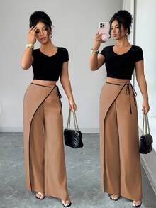 SHEIN Elenzya Pantaloni de costum largi, eleganți, de culoare caisă, în blocuri de culoare, pentru femei - Kaki - Vizualizare 1
