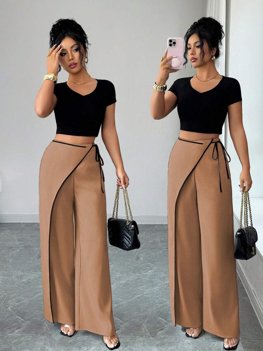 SHEIN Elenzya Pantaloni de costum largi, eleganți, de culoare caisă, în blocuri de culoare, pentru femei - Kaki - Vizualizare 1