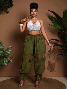 Maweii Plus Size Women Lace Patchwork Pleated Casual Versatile Daily Wear Lantern Pants - Dark Green - View 5