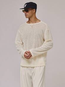 Relaxed Boat Neck Long Sleeve Dropped Shoulder Sheer Textured Top Spring Summer Holiday Essentials - Apricot - View 1