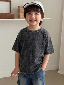 Hapijoa Young Boy Solid Color Round Neck Casual Versatile Daily Wear Short Sleeve T-Shirt - Dark Grey - View 5