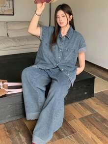 Dazy Plus 2pcs/Set Casual Lace Patchwork Korean Style Denim Shirt And Loose Denim Shorts, Spring/Summer Plus Size Women Denim Set - Light Wash - View 9