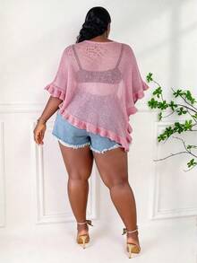 CurvyTilda Poncho décontracté en crochet semi-transparent à volants pour femmes grandes tailles en vert, convient pour les sorties d'été et les rendez-vous, pour les formes en sablier - Rose pâle - Voir 2