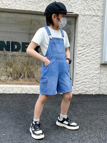 Little Byeori 青少年男孩时尚返校街头风混搭百搭设计Y2K复古酷炫街头蓝色宽松腰带牛仔短裤，适合儿童日常穿着，也适合春夏狂欢节和街头服饰。 - 藍色 - 查看 3