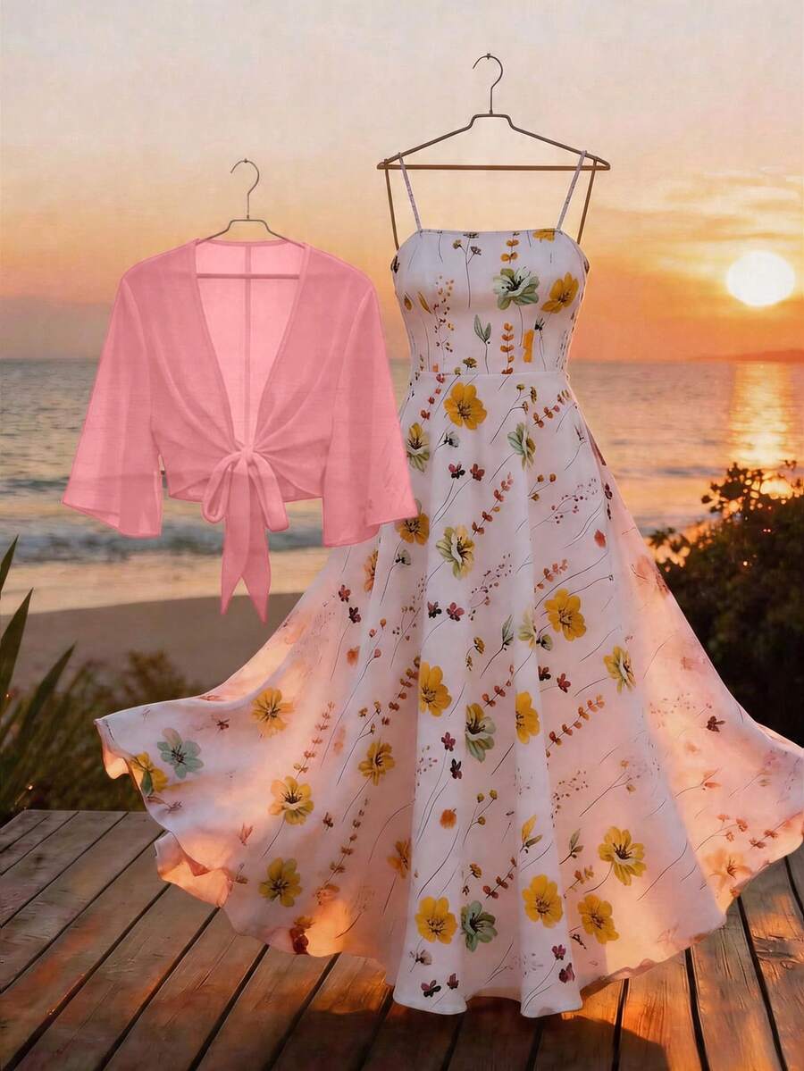 SHEIN Franclia 大码女装夏季碎花雪纺连衣裙及外套优雅两件套 - 淺粉色 - 查看 1