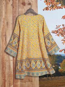 SHEIN RusticEase Đầm midi họa tiết cỡ lớn, trang phục mùa thu dành cho nữ. - Màu Mù tạt vàng - Xem 2