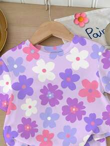 Baby Girl Casual Cute Floral Print Set, Lavender, Round Neck Short Sleeve T-Shirt And Leggings, Suitable For Spring And Summer - Multicolor - View 6