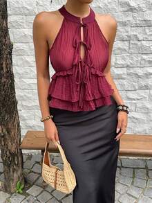 Sunnyshic Chinese Style Pattern Lace-Up Sleeveless Tank Top For Women - Burgundy - View 4