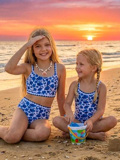 Tween Girls Floral Printed Bikini Set, 2 Pieces Swimwear, Sweet And Fashionable Style Suitable For Any Occasion, Spring/Summer