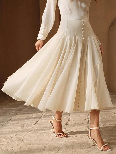 Anewsta Women's Elegant Solid Color Front Button Decor Back Zipper Skirt