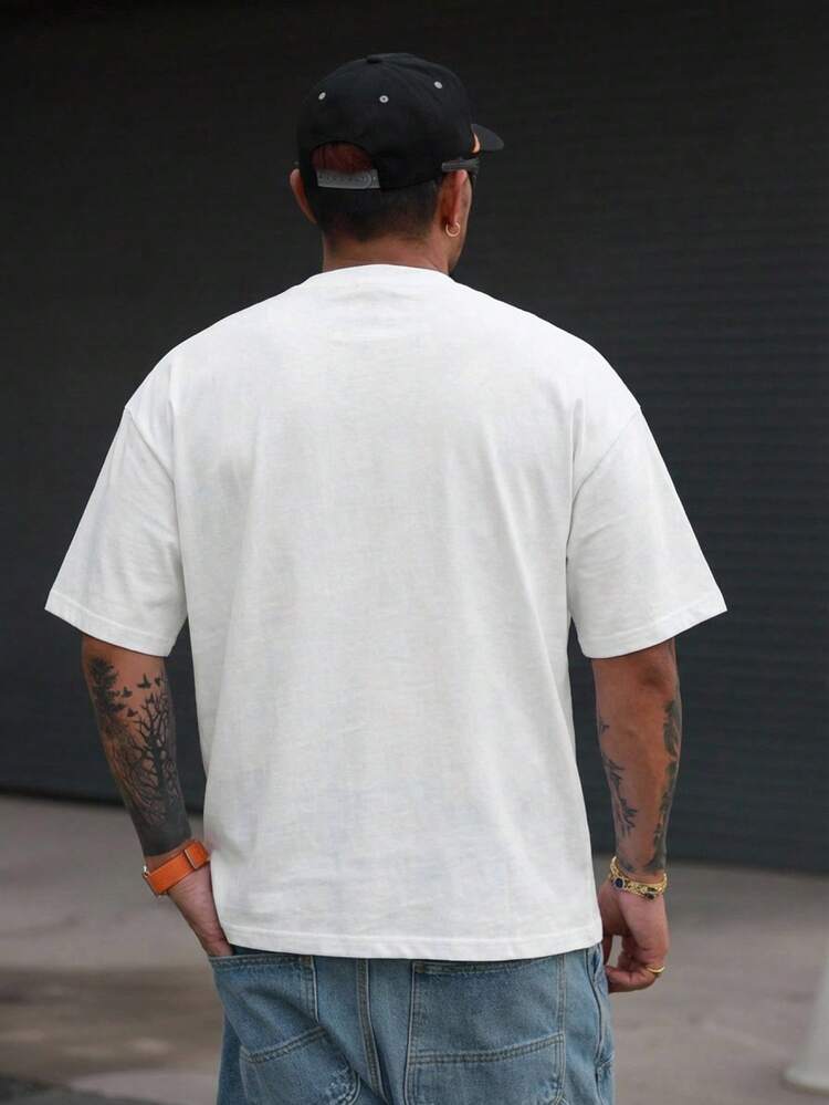 Men's Letter Print Round Neck Short Sleeve White T-Shirt, Summer