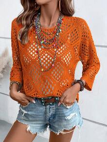 Breezaya Women's Solid Color Round Neck Hollow Casual Versatile Daily Wear Sweater Summer Casual Beach Cover-Up Open Knit Top Crochet Top - Burnt Orange - View 6