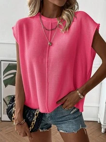 EMERY ROSE Women's Plain Crew Neck Casual Loose Knit Sweater Vest, Autumn/Winter - Hot Pink - View 6
