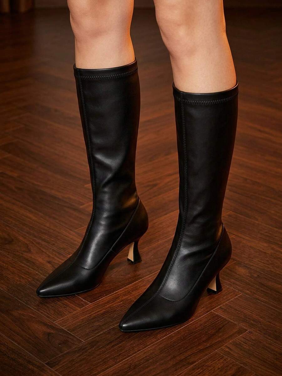 Glitzique Botas por encima de la rodilla de estilo coreano sencillo para otoño/invierno 2025, de material elástico, textura de ante, silueta ajustada, cremallera lateral, tacón alto de punta fina, tacón de gatito - Negro - Ver 1