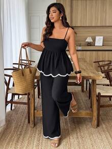 SHEIN PETITE CURVE Conjunto feminino plus size de duas peças com estampa de ondas e laços em cores contrastantes, cintura em linho sintético, ideal para o dia a dia na primavera/verão. - Preto - Ver 1